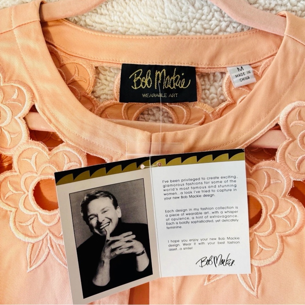 Bob Mackie NWT Wearable Art Topper Jacket Peach Floral cutout Sz Med 3/4 sleeve